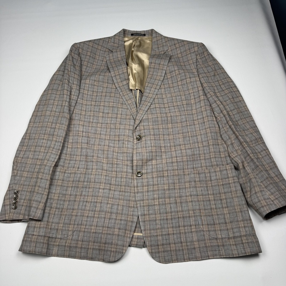 J Hilburn Blazer Mens 49 Beige Linen Plaid Sport Coat Jacket Summer Portugal
